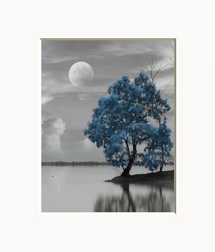 Black White Blue Tree Lake Landscape Home Decor Matted Bedroom Bathroom Wall Decor Matted Picture (Handmade) (8x10 Print with 11x14 Mat, Blue)