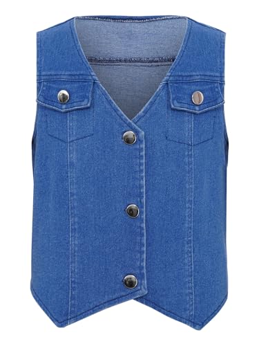 YiZYiF Girl's Button Down Waistcoat Cropped Denim Vest Outerwear Asymmetrical Sleeveless Jean Jacket2