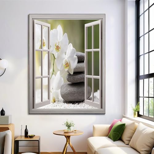 Painting Arte Mural En Lienzo De Beige, Orquídeas Rocas Impresión En Lienzo, Impresiones Murales Paisaje Zen, Cuadro Decorativo De Pared Para Dormitorio Salón, 80X120Cm