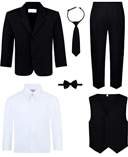 Boy's 6-Piece Suit Set - Includes Suit Jacket, Dress Pants, Matching Vest, White Dress Shirt, Neck Tie & Bow Tie - Black, 2T