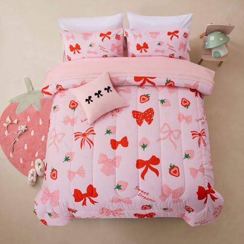 A Nice Night Red Bow Comforter Set,6 Piece Bed in a Bag Matching Sheet Set,Cute Ribbon Bowknot Bedding Sets,Princess Style Strawberry Printed,Light Pink Room Decor for Girls,Twin