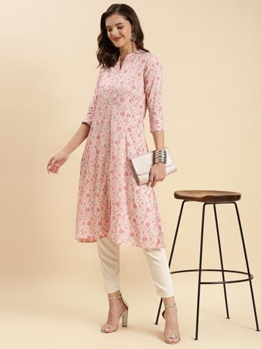 Image of rangita Peach Rayon Calf Length Printed A-line Kurti for Women | Kurta for Women