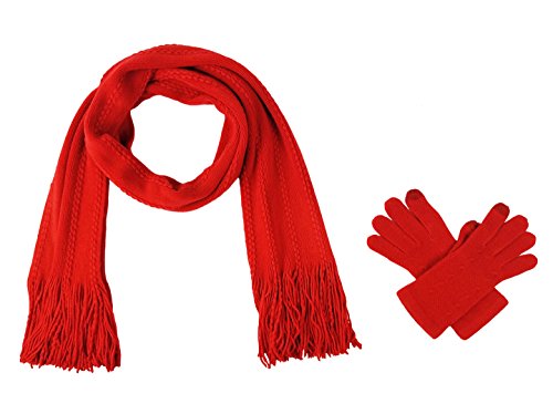 BRUCERIVER Damen Ultra Weich Gestrickter Schal & Handschuh Set Touchscreen Funktion Cashmere Gefühl Cable Design Rot Touchscreen,Einheitsgröße
