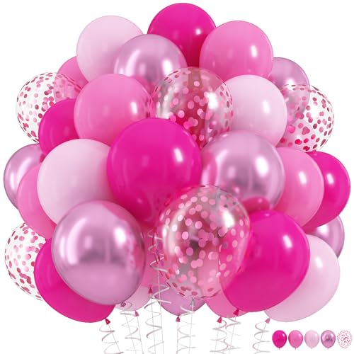 Image of Hot Pink Balloons Set, 60Pcs 12 Inch Light Macaron Baby Pink Helium Balloon with Pastel Metallic Confetti Soft Pink Latex Balloons for Girls Birthday Princess Wedding Baby Shower Party Decorations