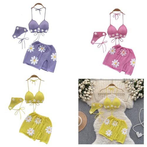 Elegant Swimsuit Set Crocheted Coverups Skirt Hollow Out Top And Headscarf For Fashion Women Girls2