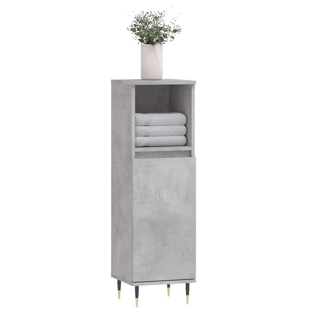 Armario de baño gris hormigón 30 x 30 x 100 cm de material de madera con patas de hierro para muebles de baño, espacio de almacenamiento, montaje en pared, lavabo, armario bajo, estante de