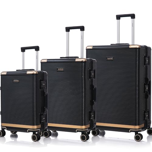 3 Piece Luggage Set, Sleek PC Hardside Suitcase with Spinner Wheels, Durable Aluminum Frame with Integrated Lock for Travel (20/24/28 Inch) (Black)