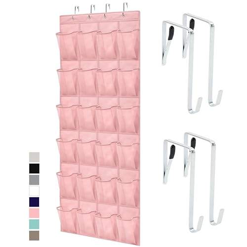 GORILLA GRIP Over the Door Shoe Organizer, 24 Large Breathable Mesh Pockets, Space Saving Hanging Storage Holder, Closet Rack Hanger Holds Up to 40 lbs, Hangs on Closets for Shoes, Accessories, Pink