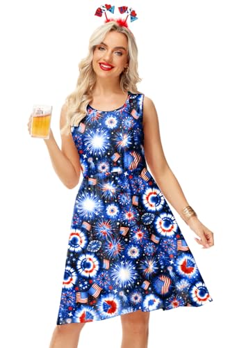 Image of Deerose 4th of July Dress for Women Sleeveless American Flag Patriotic Elastic High Waist Sundress