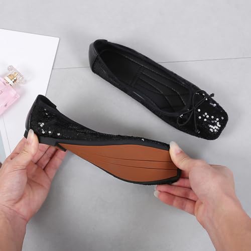 JiangWei Shu Women's Bow Knot Ballet Flats Sequins Sparkle Slip On Dress Elegant Lady Wedding Shoes, Black US 8.53