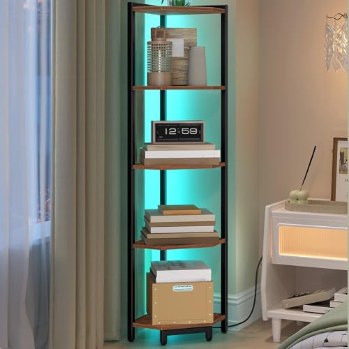 Hzuaneri Corner Shelf with LED Light, 5-Tier Corner Bookshelf, Tall