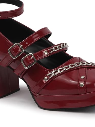 Image of TRYME Women's Ankle Buckle Strap Mary Jane with Chain Chunky Block Heel Sandals
