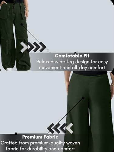 Image of Leriya Fashion Cargo Pants for Woman | Cargo Pants for Women Cotton Wide Leg Utility Fit Flap Pockets | Trousers Fors Women, Relaxed Fit Baggy Pant Airport Outfit for Womens Streetwear Attire
