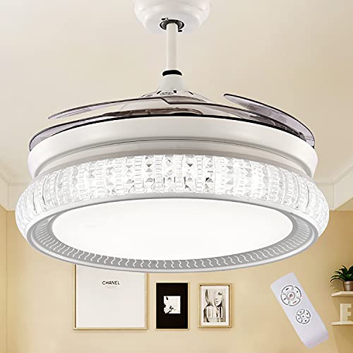 Iammix 42in Modern Crystal Ceiling Fan with Lights Remote Control 3 Speeds, Retractable Blades Chandelier Lighting, Fandelier 3 Lights with LED Kits Timing Mode for Bedroom Kitchen Living Room(White)