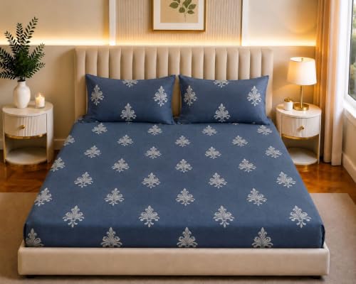 Image of Castiqa Elastic Fitted Supersoft Premium Polycotton 200TC Double Bedsheets King Size 78x72 Inch with 2 Pillow Covers (Fits Upto Mattress of 8Inches) (Multicolor XIII)
