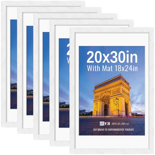 Image of VCK 20x30 Picture Frame 5 Pack, White Exclusive Wood, 18x24 Mat, for Print