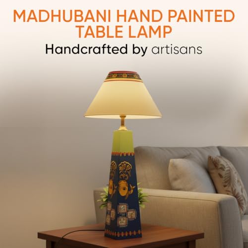 Image of AAKRITI ART CREATIONS MDF Board Table Lamp for Study Room, Bedroom & Living Room Decoration | Madhubani Madhubani Peacock Motif Bedside Lamp with Cotton Fabric Shade | Aesthetic Night Lamp