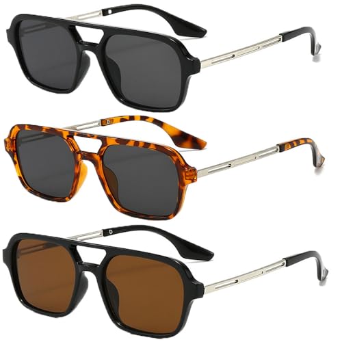 La Mejor Selección de Lentes de Playa Top 10. 46 Gafas de Sol Retro 3 Unidades, Rectangulares Lentes de Sol para Mujeres y Hombres, Lentes Plegables UV Protection, Clásico Medio Marco para Conducir y Deportes al Aire Libre