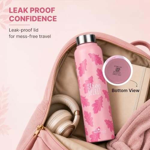 Image of The Better Home Stainless Steel Water Bottle 1 Litre | Leak Proof, BPA Free, Rust Proof | Printed Sipper Bottle for Office, Gym, School, Travel, Kids & Adults | Free Spirit Quote | Pink