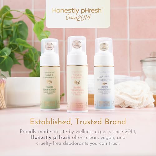 Image of Honestly pHresh Foaming Feminine Wash for Women - pH Balanced Natural Intimate Cleanser with Prebiotics & Probiotics. Vegan, Sensitive Skin Safe. Made In USA - Rose & Bergamot Scent, 5 oz