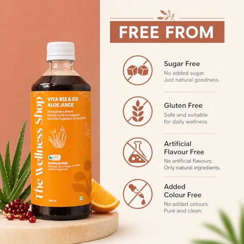 Image of The Wellness Shop Vitamin B12 & D3 Juice with Aloe Vera, Orange & Pomegranate | Energy & Immunity Support Drink | Supports Digestion, Bone & Heart Health | 500ml