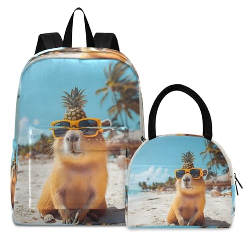 Capybara Beach Print Backpack Set with Lunch Bag, Large Capacity Travel Backpacks and Lunch Box Insulated for Commute Hiking Picnic