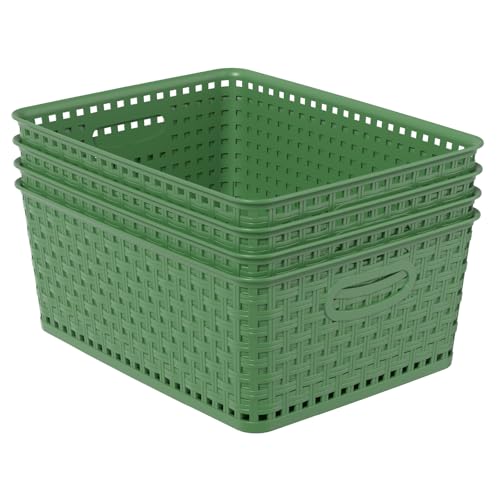 4-Pack Plastic Desktop Storage Baskets, Green Weave Basket Organizer for Cabinet, Pantry, Shelves, Closet