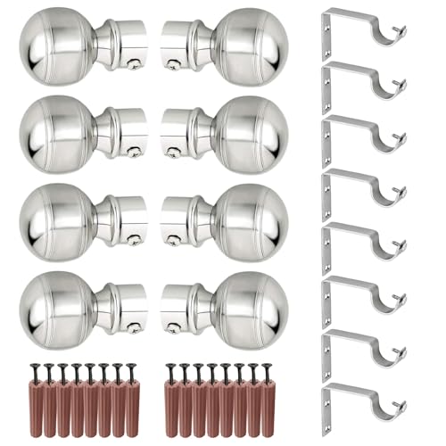 Image of GRIVAN Stainless Steel Curtain Bracket Parda Holder with Support 1 Inch Rod | Curtain Finials for Door and Window, Curtain Rod Holder (Silver, Pair of 4)