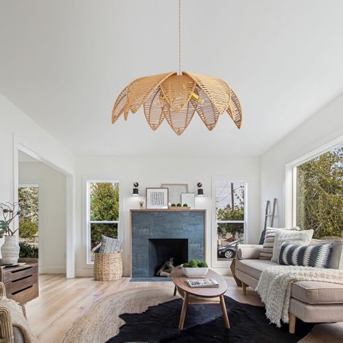 Fejanical Boho Rattan Farmhouse Chandeliers Light Fixture Hand Woven Wicker Pendant Light Coastal Hanging Pendant Light for Living Dining Room Kitchen Island 24" — view 5