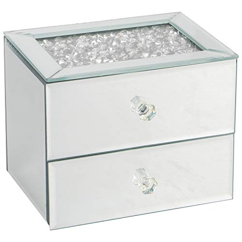 DEENZ SILVER CRUSHED DIAMANTE MIRRORED GLASS JEWELLERY BOX EYE CATCHING DESIGN BLACK VELVET INLAY TRINKET BOX MIRRORED STORAGE BOX 2 AND 3 DRAWERS (TWO DRAWER)
