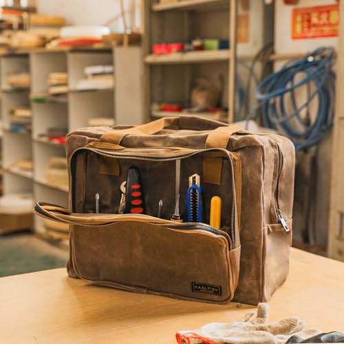Heavy Duty Tool Bag - 16OZ Waxed Canvas Organizer with 3 Compartments & Padded Handle (Grey) - Hand Tool Bag for Gardening Set Wire Stripper Pliers - Image 6