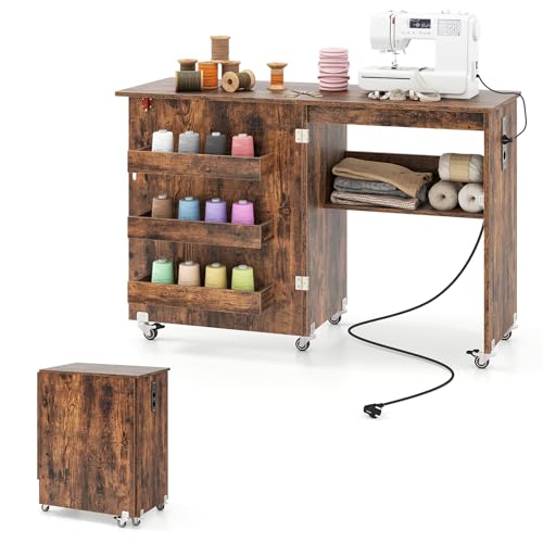GIANTEX Armario de Costura Plegable con 5 Ruedas, Mesa de Coser con Estación de Carga, 3 Compartimentos y 1 Estante Abierto, para Dormitorio, Salón y Estudio (Marrón, 116x41x78cm)