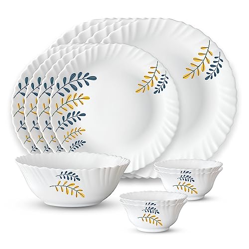 Image of Larah by Borosil Niva Fluted Series Opalware Dinner Set | 13 Pieces for Family of 4 | Microwave & Dishwasher Safe | Bone-Ash Free | Crockery Set for Dining & Gifting | Plates & Bowls | White