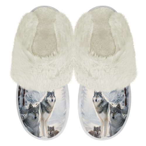 Binienty Pantuflas peludas para hombre y mujer, para todas las estaciones, suela gruesa, con bordes de piel, para interiores y exteriores, Lobo gris y blanco, 38.5/39.5 EU