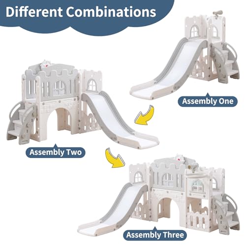 9 in 1 Toddler Slide Set, Kids Climber Slide Playground with Basketball Hoop, Telescope, Steering Wheel and Storage Space, Indoor Outdoor Playset for Toddlers Age 1-3 - Grey&White