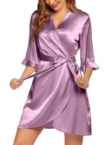Image of Ekouaer Women's Satin Robe Valentines Lingerie for Women Kimono Bathrobe Short Ruffle Belted Robes Bridesmaids Sleepwear