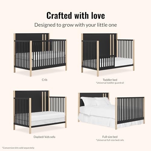 Image of Dream On Me Soho 5-in-1 Convertible Baby Crib in Matte Black Vintage, GreenGuard Gold & BSA, Sustainable Pinewood, 3 Levels, Converts to Toddler, Day & Full-Size Bed