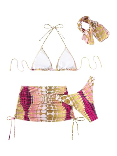 Image of RoseSeek Women's 4 Piece Polka Dots Bathing Suits Cover Up Skirt & Bandana | Halter Bikini Sets, Sexy Bathing Suit, Beach Skirt, Leopard, Paisley, Tropical, Summer
