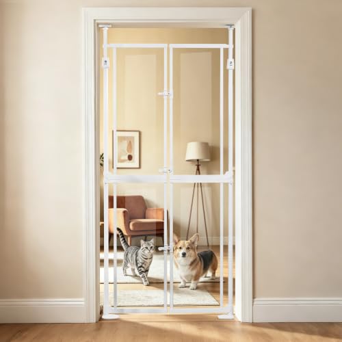 74.8-98.4 Extra Tall Cat Gate for Doorways 33.86-35.8 Wide Full Door Pet Gate Indoor Auto Close No Drilling Clear Acrylic Dog Proof Safety Barrier for Stairs Hallway House -White