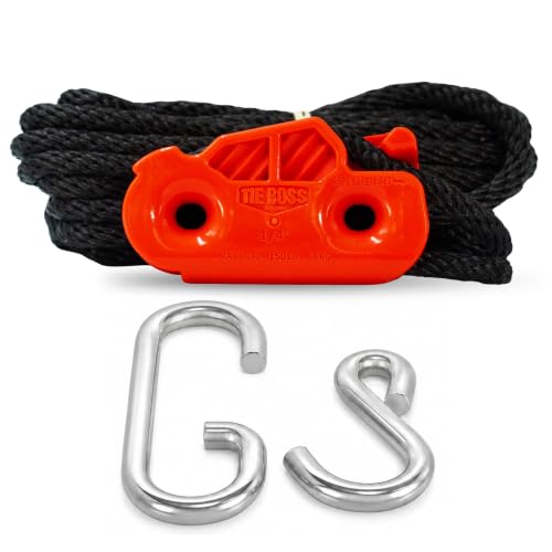 Tie Boss - 1/4 Inch Medium Duty (150 lbs Working Load Limit) Weather Resistant Tie Down Rope Tightening System (w/15 ft Rope) (Pack of 1) (Orange)