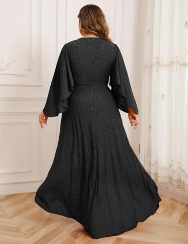 ZOMVA Plus Size 0X-4X Sparkly Glitter Formal Maxi A Line Dress Sparkle Wrap Handkerchief Sleeve Prom Cocktail Evening Gown3