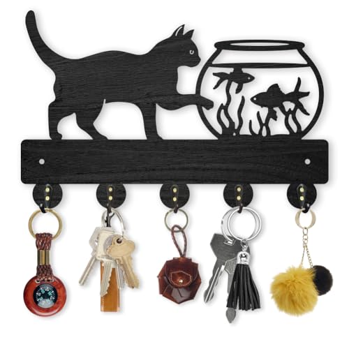 MAYJOYDIY Cat Themed Wooden Key Rack 30x19.4cm 5 Alloy Hooks Wall Mounted Hanger Wall Decorative Cat Fish Tank Holder