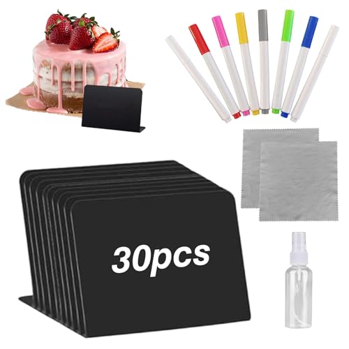 Lot de 30 petits tableaux noirs à écrire avec 8 stylos, 2 chiffons de nettoyage, 1 flacon pulvérisateur de 100 ml en forme de L pour buffet, fête et café,...