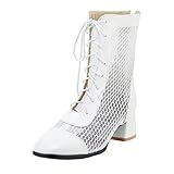 schnürstiefel blockabsatz MISSUIT Damen Sommer Schnürstiefeletten Blockabsatz Mesh Sommerstiefel mit Absatz Schuhe(Weiß,41)