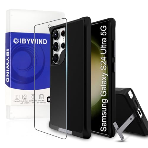 Ibywind Cover per Samsung Galaxy S24 Ultra 5G,1 Nero Custodia con 1 Pezzi Vetro Temperato+Supporto Invisibile,Harte PC Resistente ai Graffi,Antiurto Angoli Rinforzati TPU Case,Protezione Fotocamera