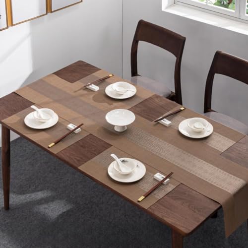 Image of YELONA Placemats and Table Runner Set - Heat Resistant, Non-Slip & Washable PVC Vinyl Dining Table Mats - Peanut Brown (4 Placemats: 45x30 cm, 1 Runner: 180x30 cm)