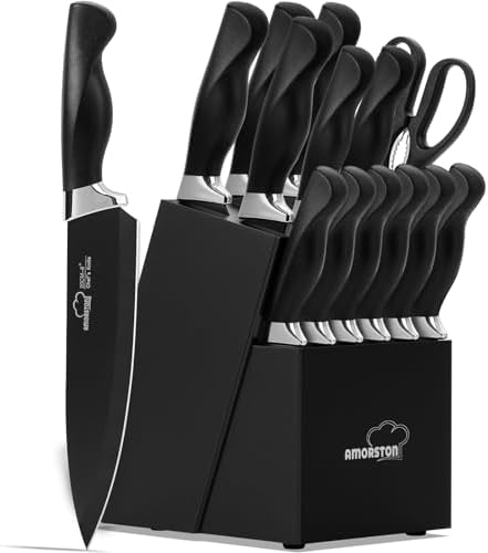 Knife Set, Amorston 15 Pieces Knife Sets for Kitchen with Block, Dishwasher Safe Kitchen Knife Set with Built in Sharpener Block, German Stainless Steel Knife Block Set, Black Knife Set, Amorston 15 Pieces Knife Sets for Kitchen with Block, Dishwasher Safe Kitchen Knife Set with Built in Sharpener Block, German Stainless Steel Knife Block Set, Black