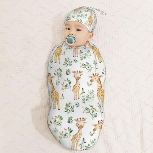 Image of Giraffe Watercolor Newborn Swaddle Blankets Hat Sets Soft Baby Receiving Blanket Swaddle Sack for Baby Shower Infant Boy Girl Gift