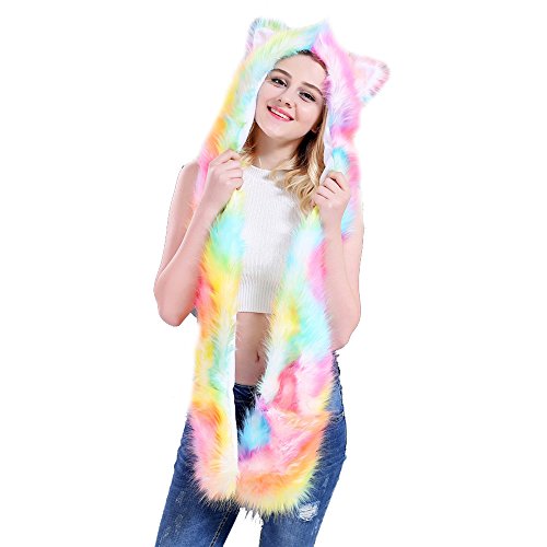 misslight Unicornio Sombrero de Piel sintética Peluche de Dibujos Animados Sombrero Animal con Guantes de Bufanda (Rainbow Two)