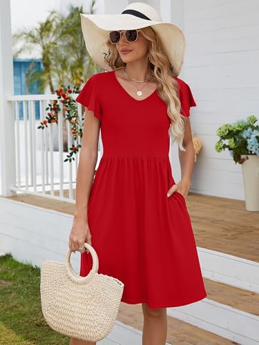 Image of Heymoments Women Summer Dress Ruffle Sleeve Red XX-Large Crewneck Casual Cute Loose Sundress Comfy Swing Midi Work Flowy Tunic Ladies Beach Vacation Teacher Dresses with Pockets